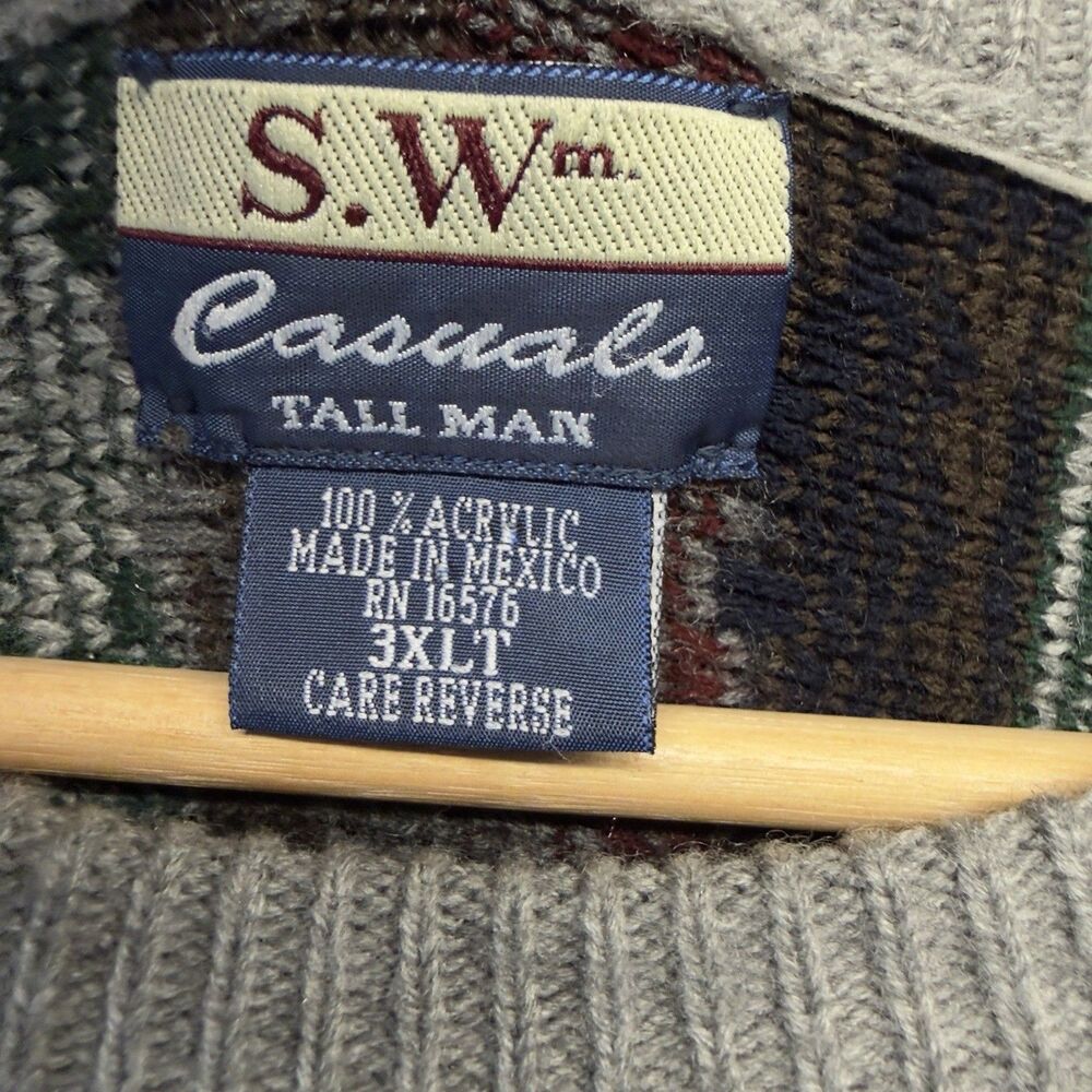 VTG 90s S.W. Casuals Tall Man Geometric Knit Sweater 3XLT Coogi Style Aztec - Picture 8 of 11